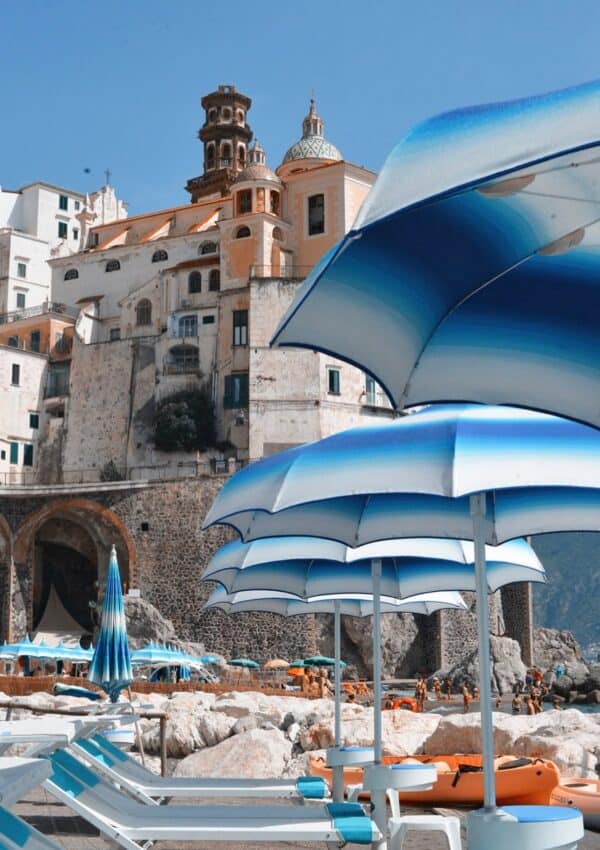 Beach umbrellas on the beach at Atrani on the Amalfi Coast.