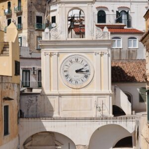 A view of the clock tower in Atrani, Italy near the Amalfi Coast.