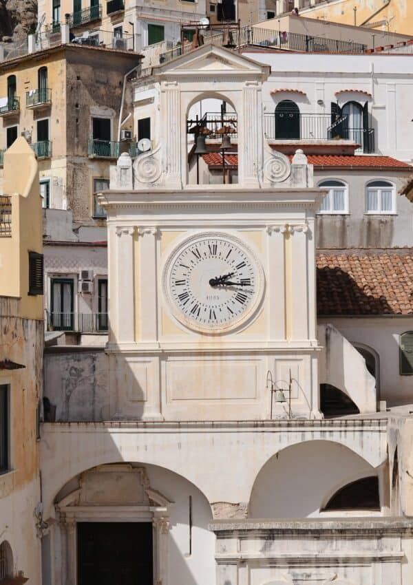 A view of the clock tower in Atrani, Italy near the Amalfi Coast.
