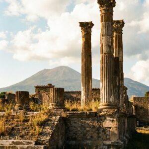 A photo of ancient columns at the ruins in Pompeii with Mount Vesuvius in the background.