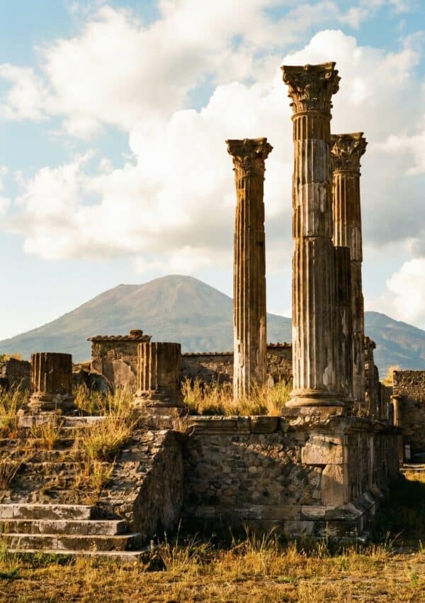 A photo of ancient columns at the ruins in Pompeii with Mount Vesuvius in the background.