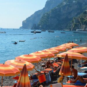 A photo of the coastline in Positano of the beach umbrellas at Spiaggia Grande in Positano, Amalfi Coast.
