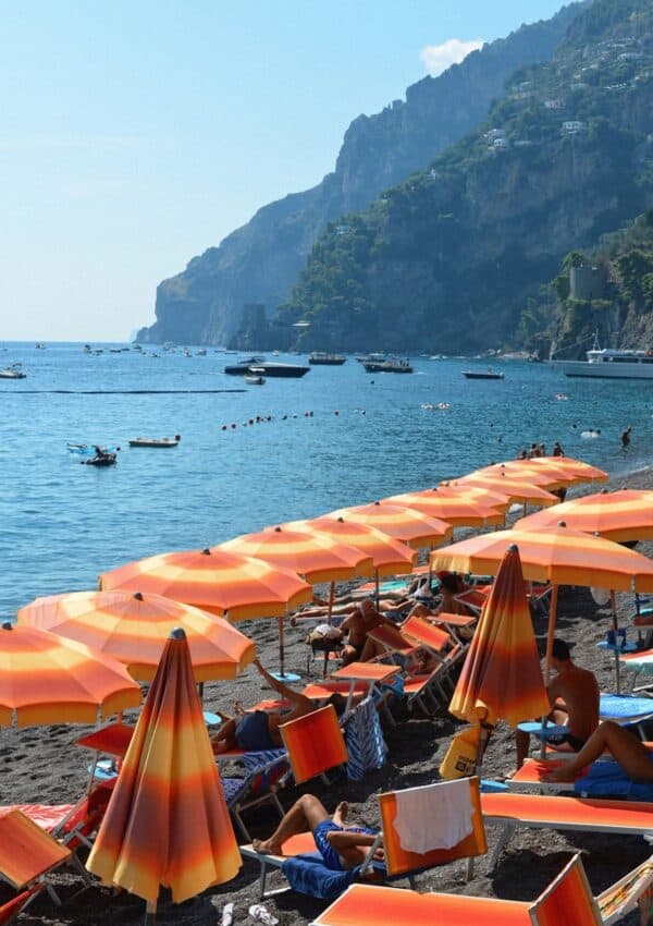 A photo of the coastline in Positano of the beach umbrellas at Spiaggia Grande in Positano, Amalfi Coast.