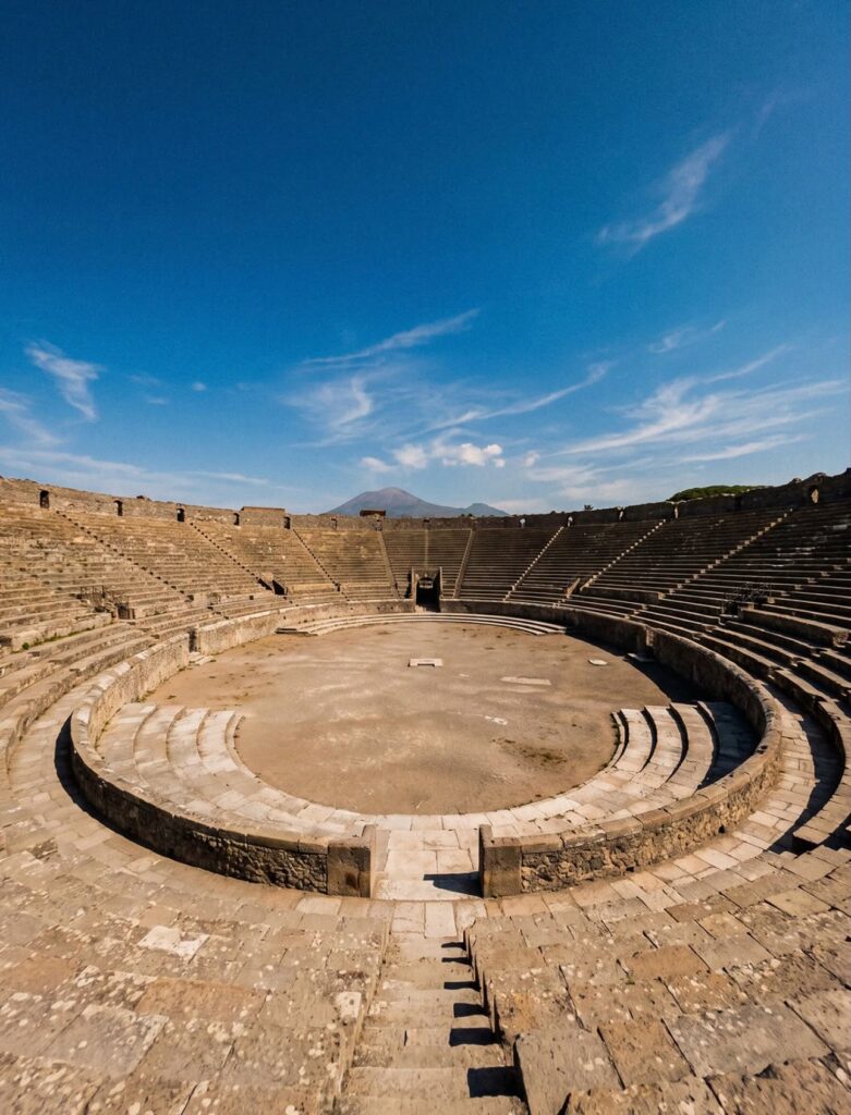A large amphitheater with stone seating at the ancient ruins of Pompeii.