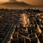 A photo of ancient ruins in Pompeii at golden hour with Mt. Vesuvius in the background.