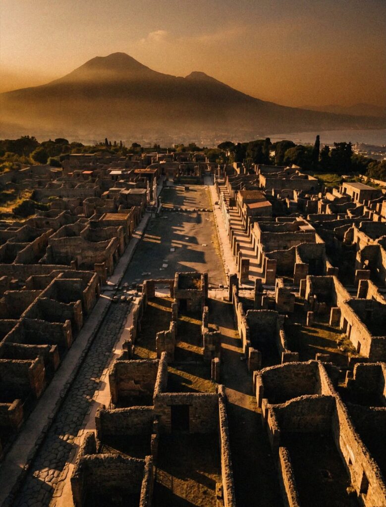 A photo of ancient ruins in Pompeii at golden hour with Mt. Vesuvius in the background.
