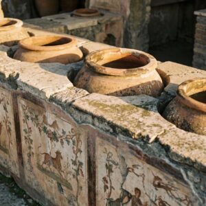 Pottery and ancient paintings in Pompeii at the ancient ruins.