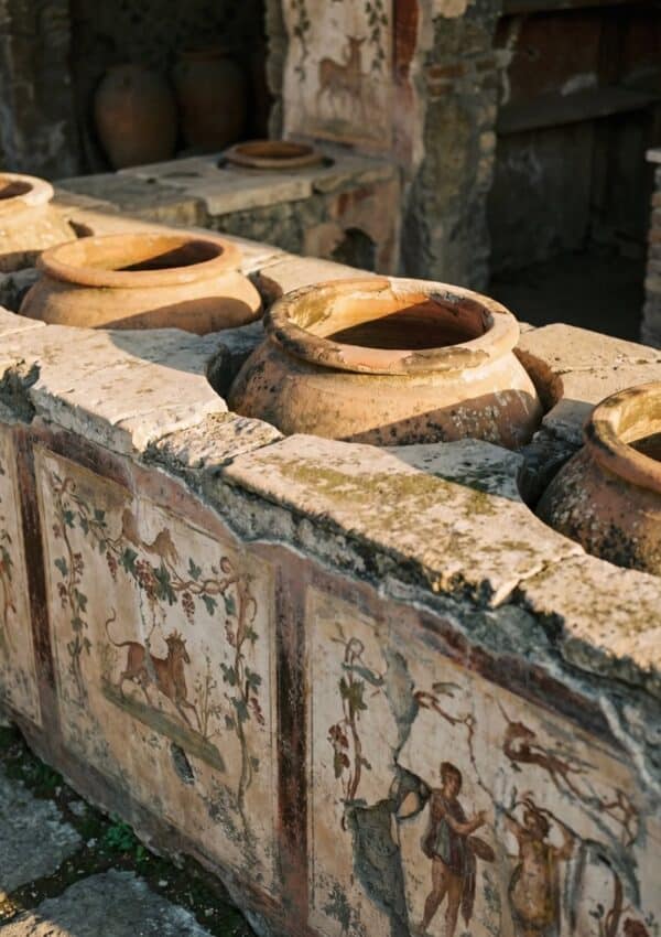 Pottery and ancient paintings in Pompeii at the ancient ruins.
