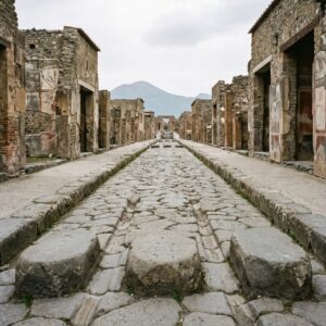 The stone streets and ruins of Pompeii.