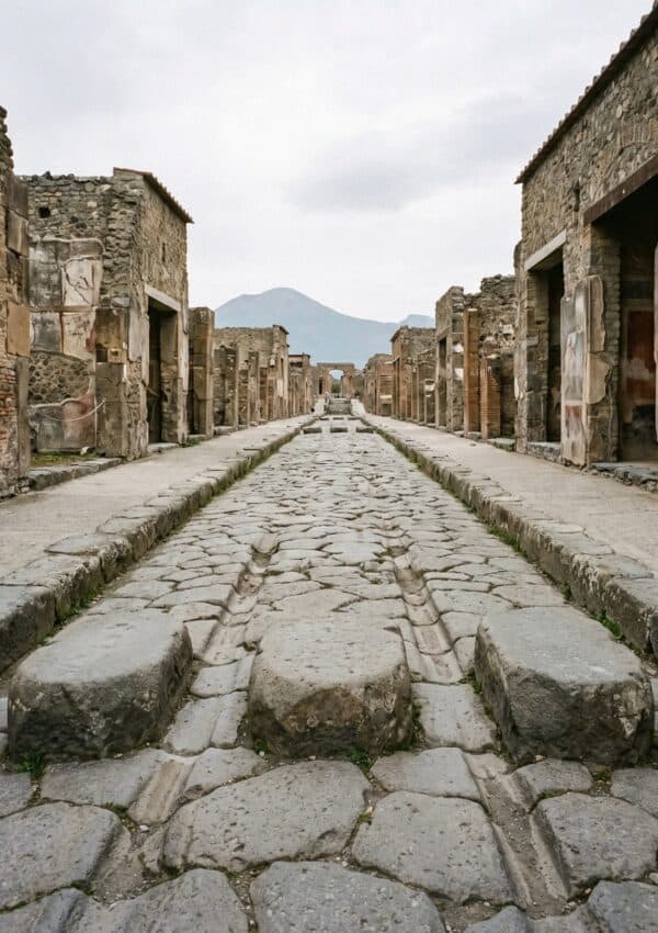 The stone streets and ruins of Pompeii.