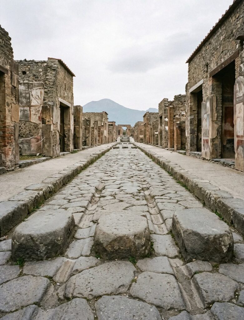 The stone streets and ruins of Pompeii.