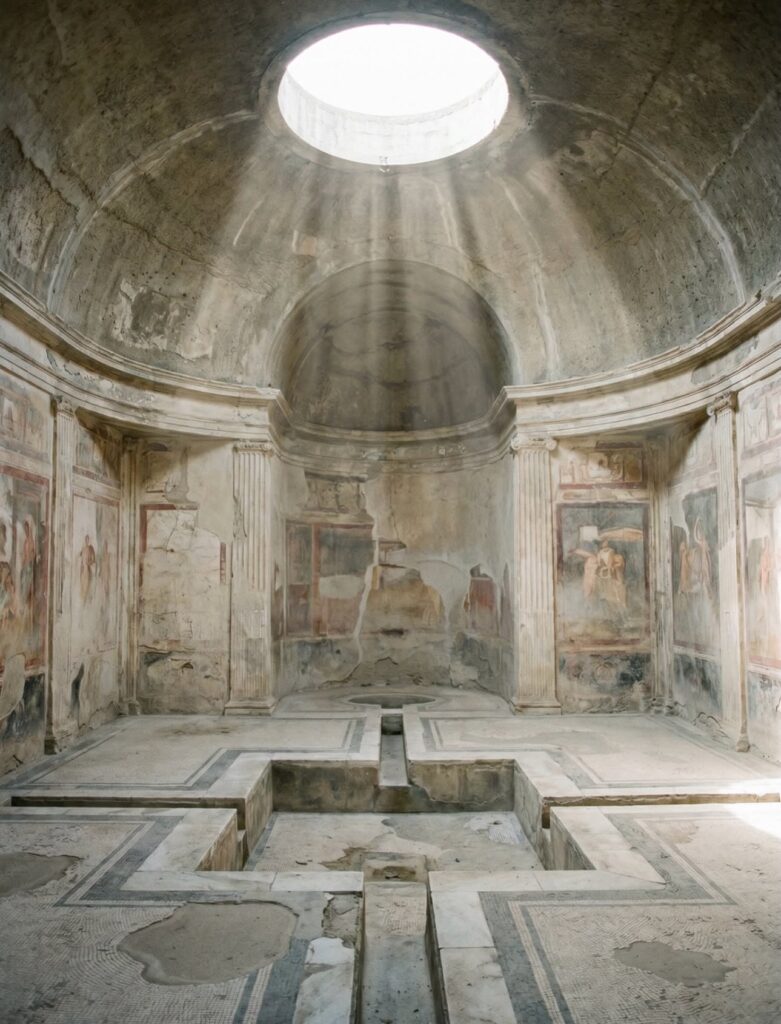 Interior photograph of the Stabian Baths in Pompeii, circular domed ceiling with oculus, dusty shafts of light falling through the opening, pale stone and plaster wall.