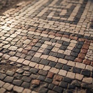 Mosaic tile floor at Pompeii, Italy.