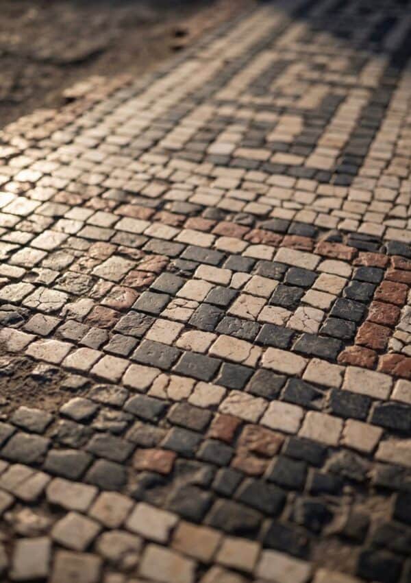Mosaic tile floor at Pompeii, Italy.