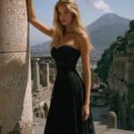 Victoria Van Der Berg standing next to a large column in the ancient city of Pompeii Italy with Mt. Vesuvius in the background.