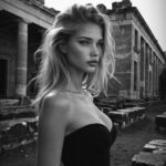 A black and white photo of Victoria Van Der Berg in profile in front of large columns in front of a ruin in Pompeii, Italy.
