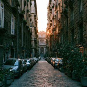 A narrow Naples alley at golden hour with a church at the end of the street