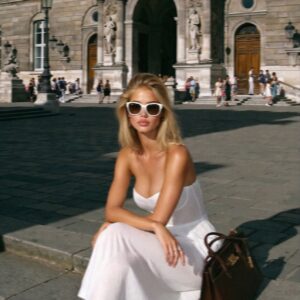 Victoria Van Der Berg on the steps of a grand building in Naples wearing a white dress and cat-eye sunglasses