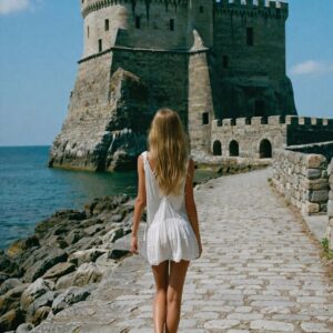 Victoria Van Der Berg walking in a white dress toward a coastal castle in Naples