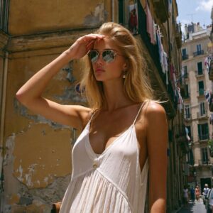 Victoria Van Der Berg in a Naples street with laundry and flags strung between buildings