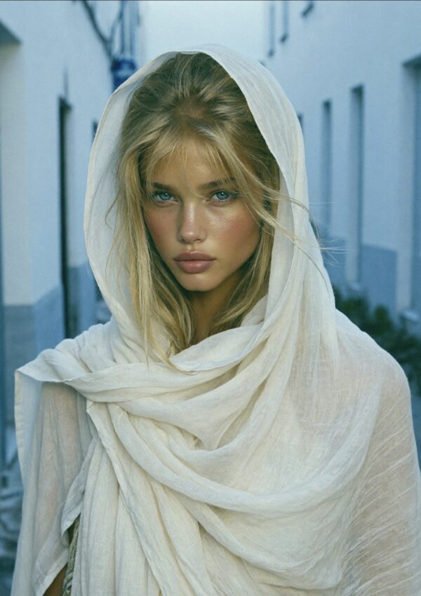 Portrait of Victoria Van Der Berg wearing a cream linen head wrap against a blue-toned wall in Capri, her blue eyes striking and direct