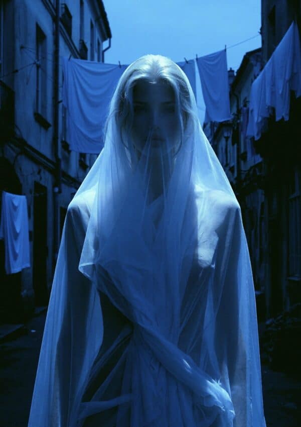 Victoria Van Der Berg standing in a narrow Capri alley at blue hour, completely draped in translucent white fabric from head to floor, white laundry hanging on both sides