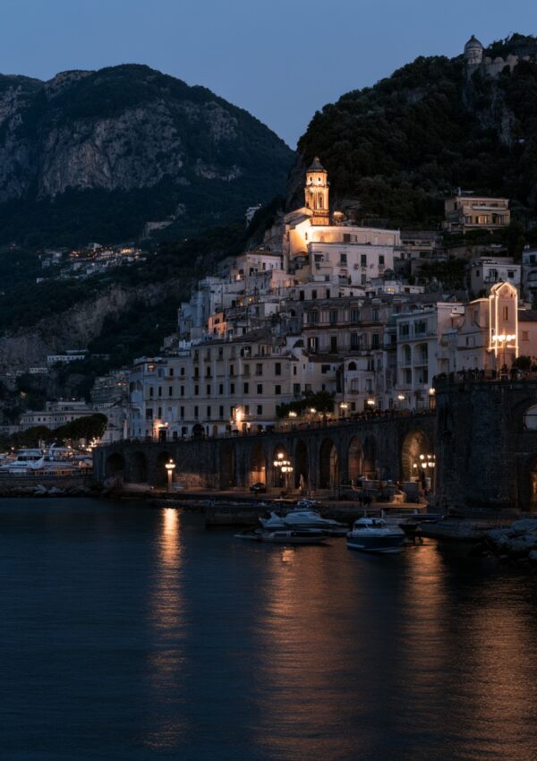 An Amalfi Coast town at dusk with lights coming on, framed by a lemon tree