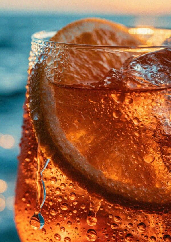 A cold orange spritz with ice on a table at a Cinque Terre beach club