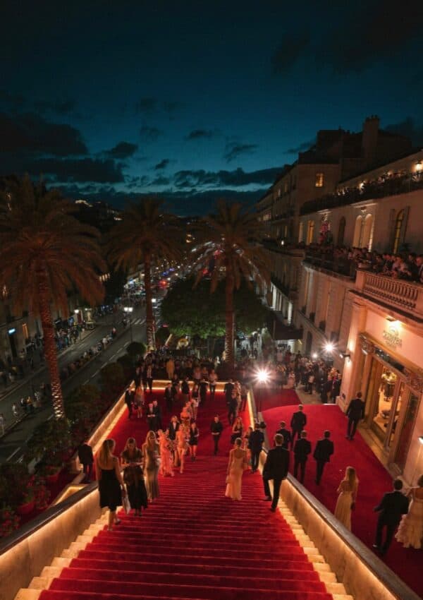 The red carpet steps and Croisette at the Cannes Film Festival at dusk