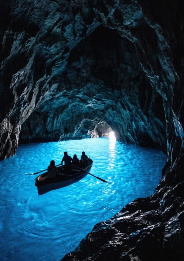 The glowing blue water inside the Blue Grotto of Capri