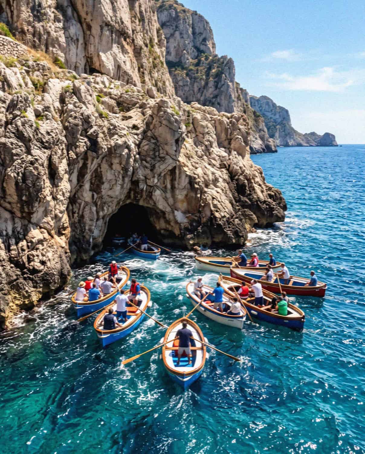 Rowboats at the entrance to the Blue Grotto sea cave in Capri