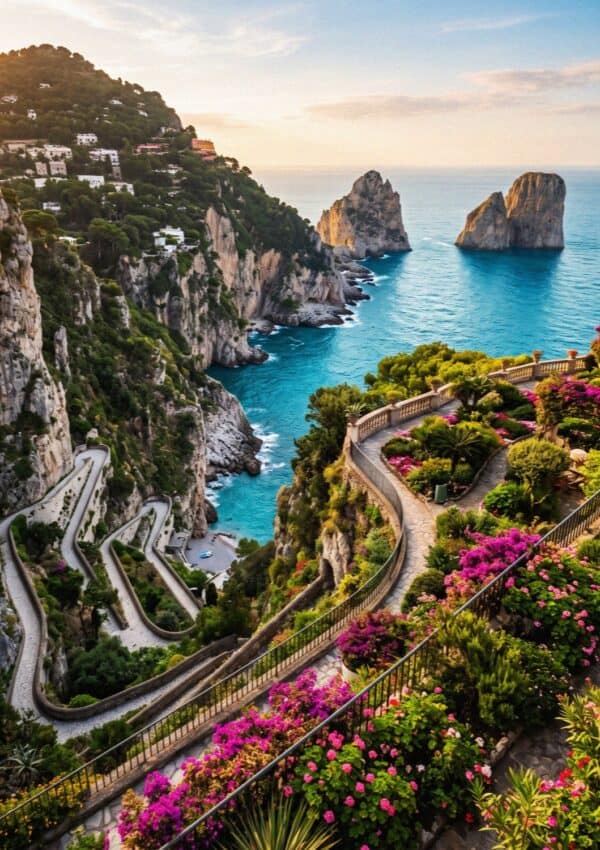 The Gardens of Augustus in Capri overlooking the Faraglioni sea stacks and Via Krupp