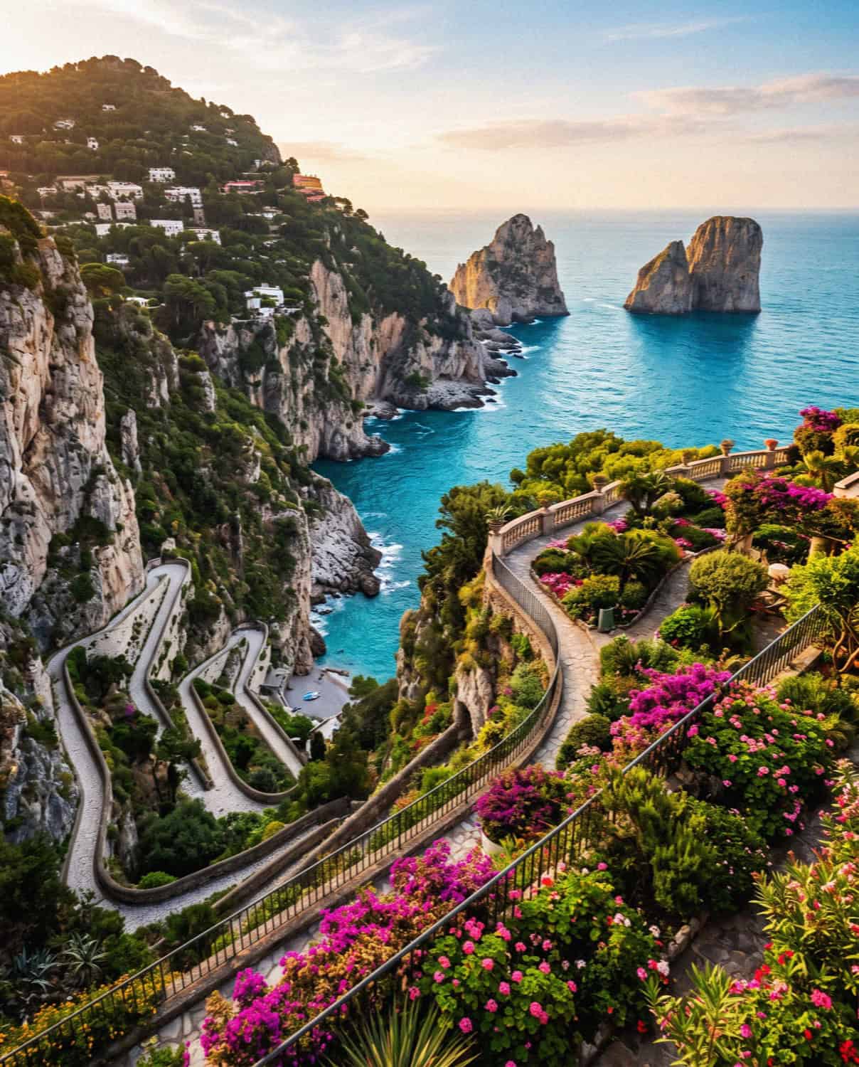 The Gardens of Augustus in Capri overlooking the Faraglioni sea stacks and Via Krupp