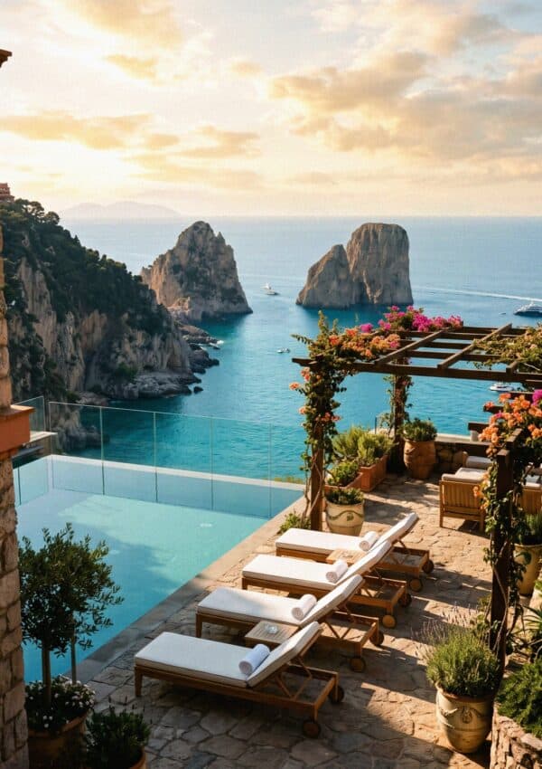 A clifftop hotel terrace and infinity pool overlooking the sea in Capri