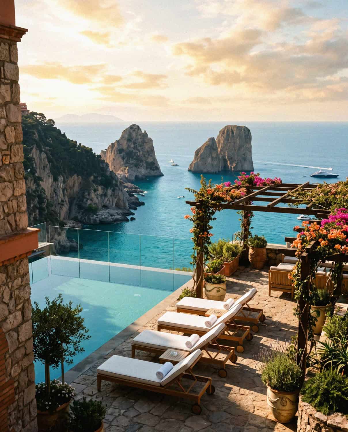A clifftop hotel terrace and infinity pool overlooking the sea in Capri