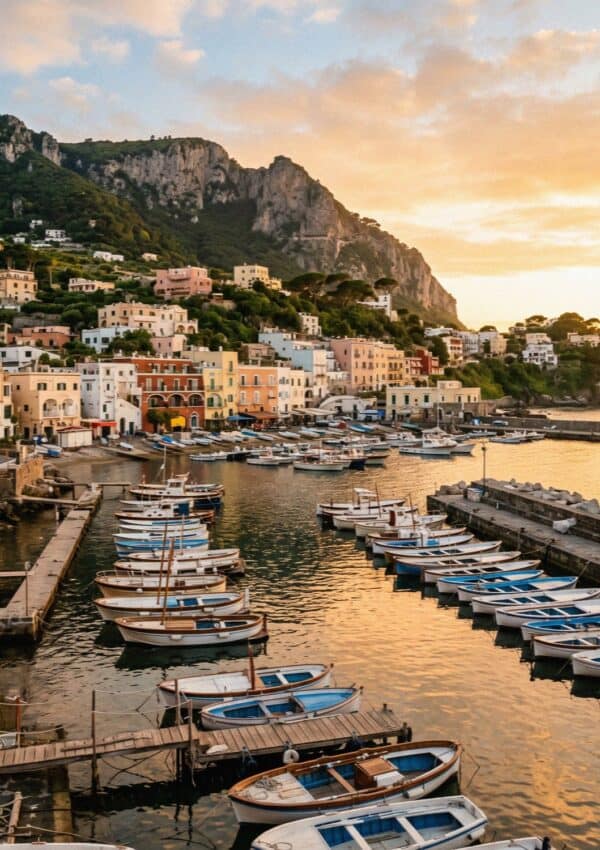 Marina Grande harbour in Capri at golden hour