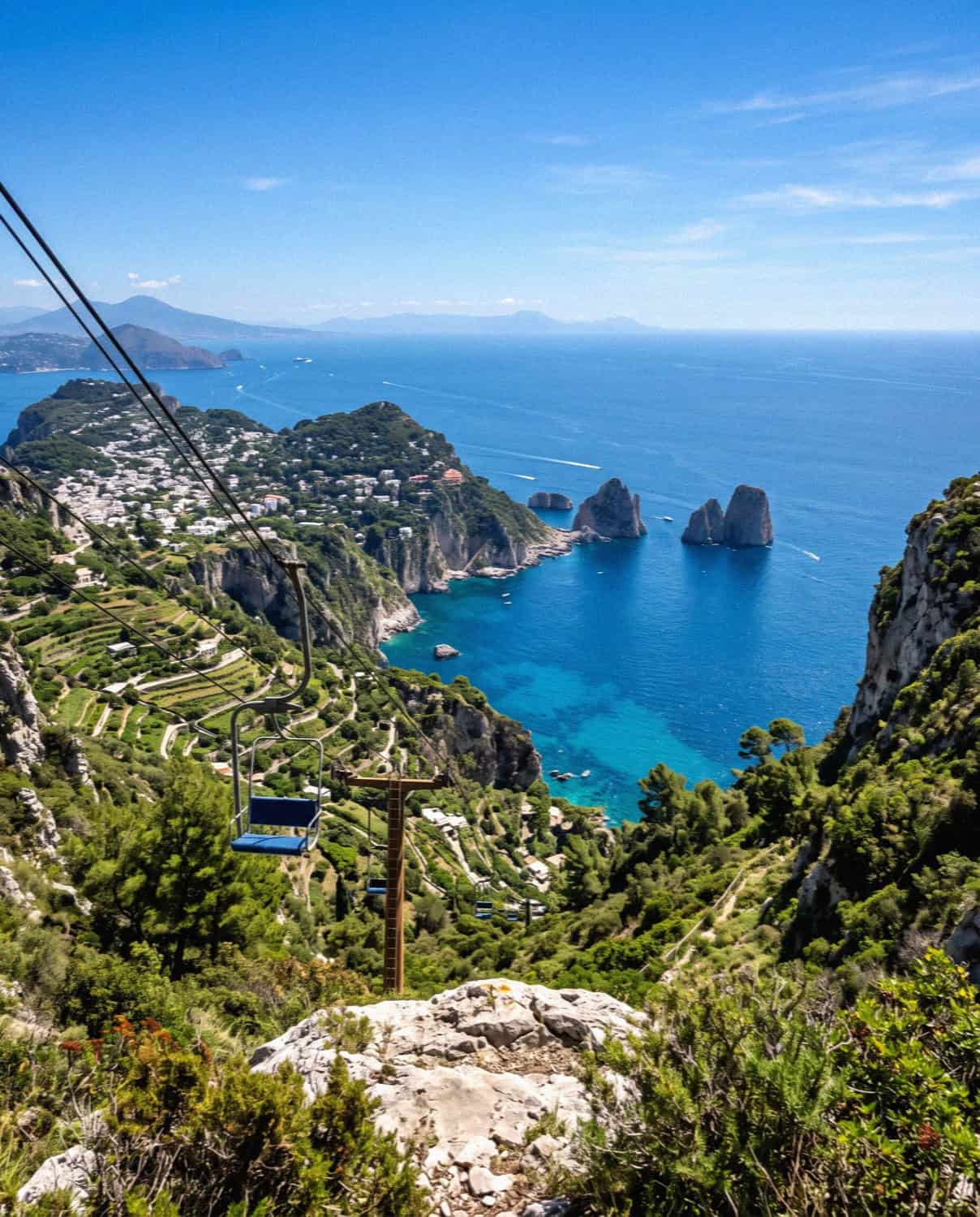 View from Monte Solaro over the Faraglioni and the Bay of Naples in Capri