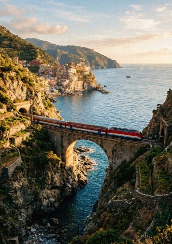 A train crossing a viaduct above the sea on the Cinque Terre coast