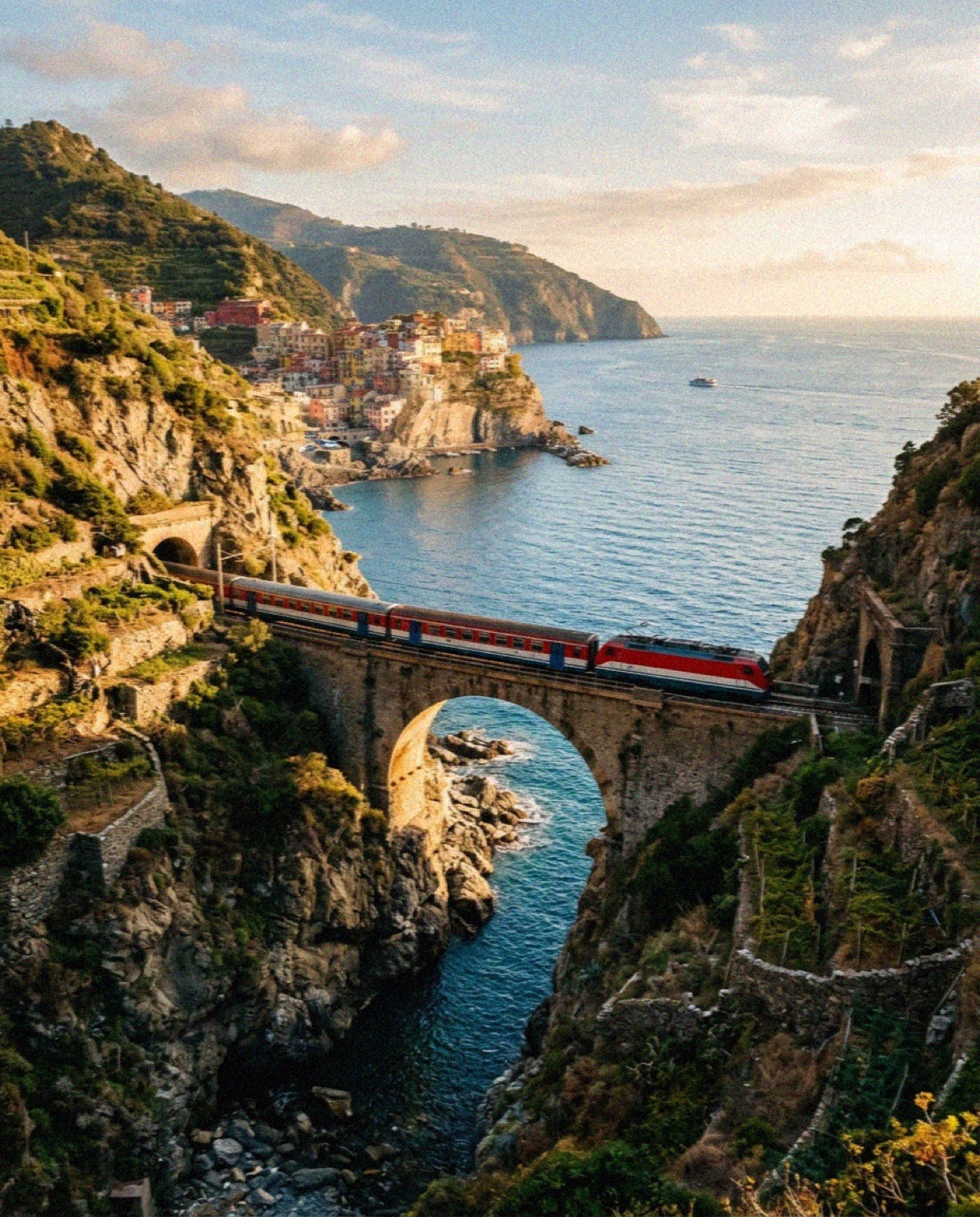 A train crossing a viaduct above the sea on the Cinque Terre coast