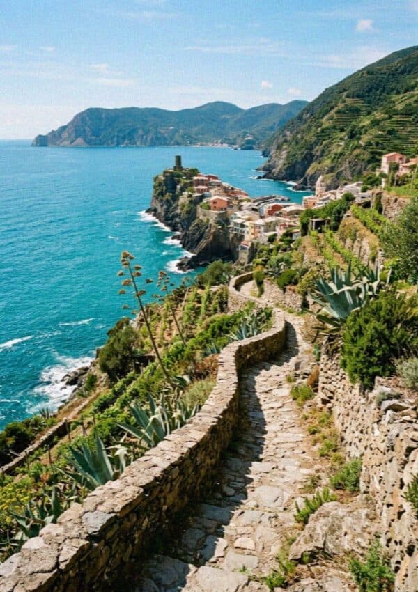 The rugged Cinque Terre coastline in Liguria Italy with a pastel village above the turquoise sea and terraced vineyards