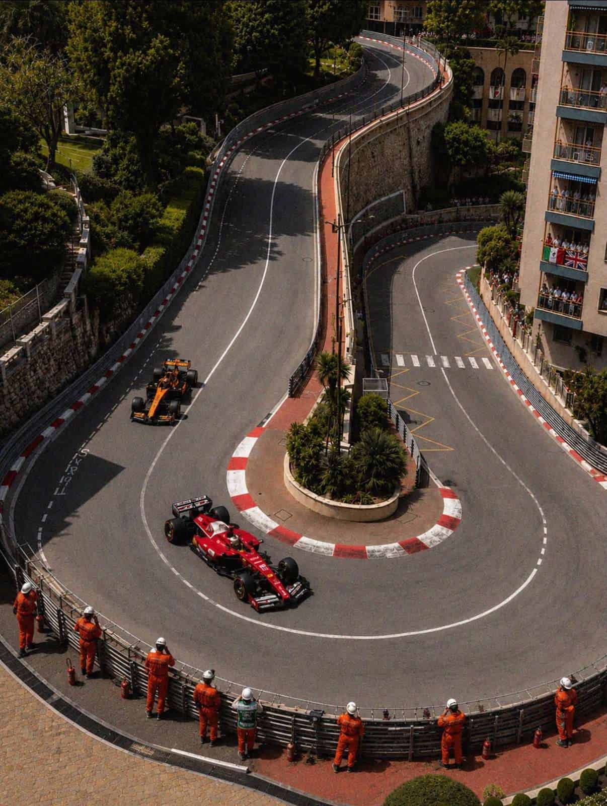 Formula 1 cars at the Monaco hairpin seen from above