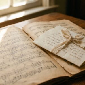 Aged sheet music with a folded cream letter tied in ribbon on a wooden table by a window