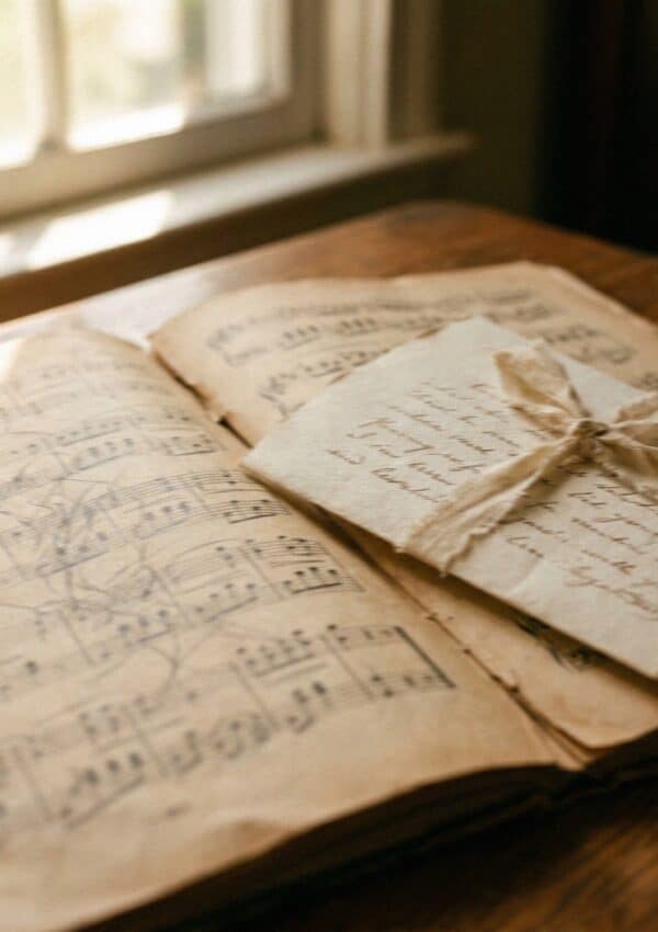 Aged sheet music with a folded cream letter tied in ribbon on a wooden table by a window