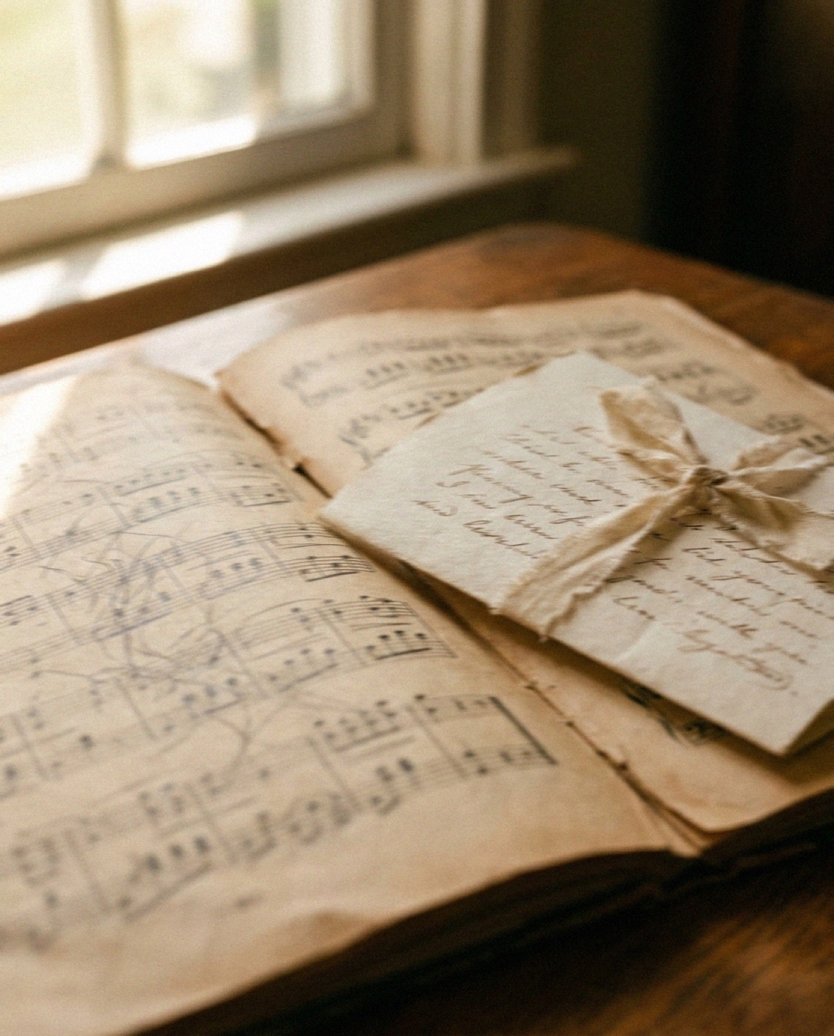 Aged sheet music with a folded cream letter tied in ribbon on a wooden table by a window