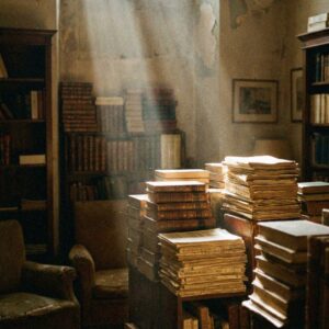 A dim Florentine antiquarian bookshop stacked with old books in shafts of light