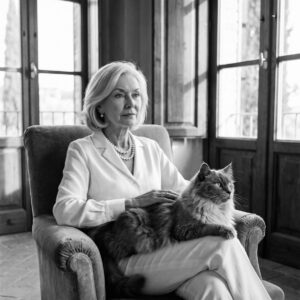 An elegant older woman with a long-haired grey cat on her lap in a Tuscan villa in black and white