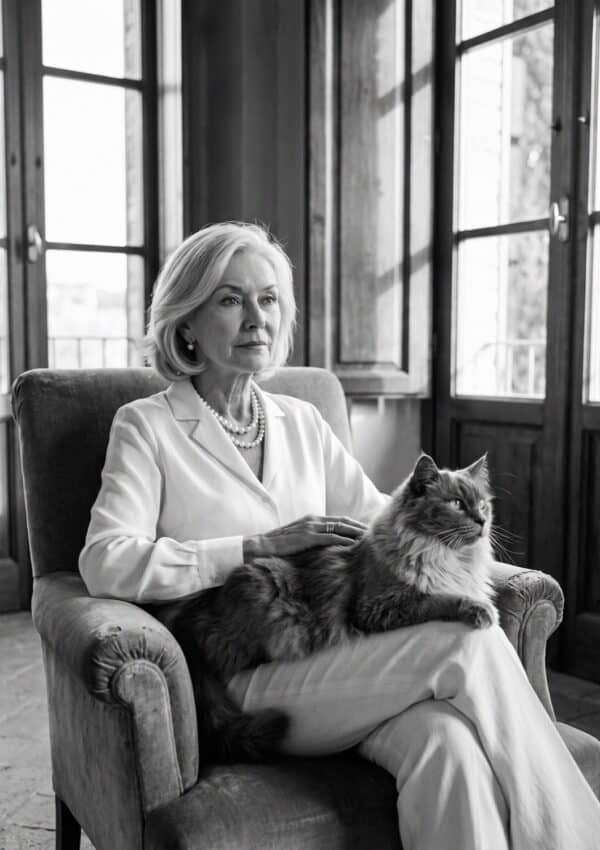 An elegant older woman with a long-haired grey cat on her lap in a Tuscan villa in black and white