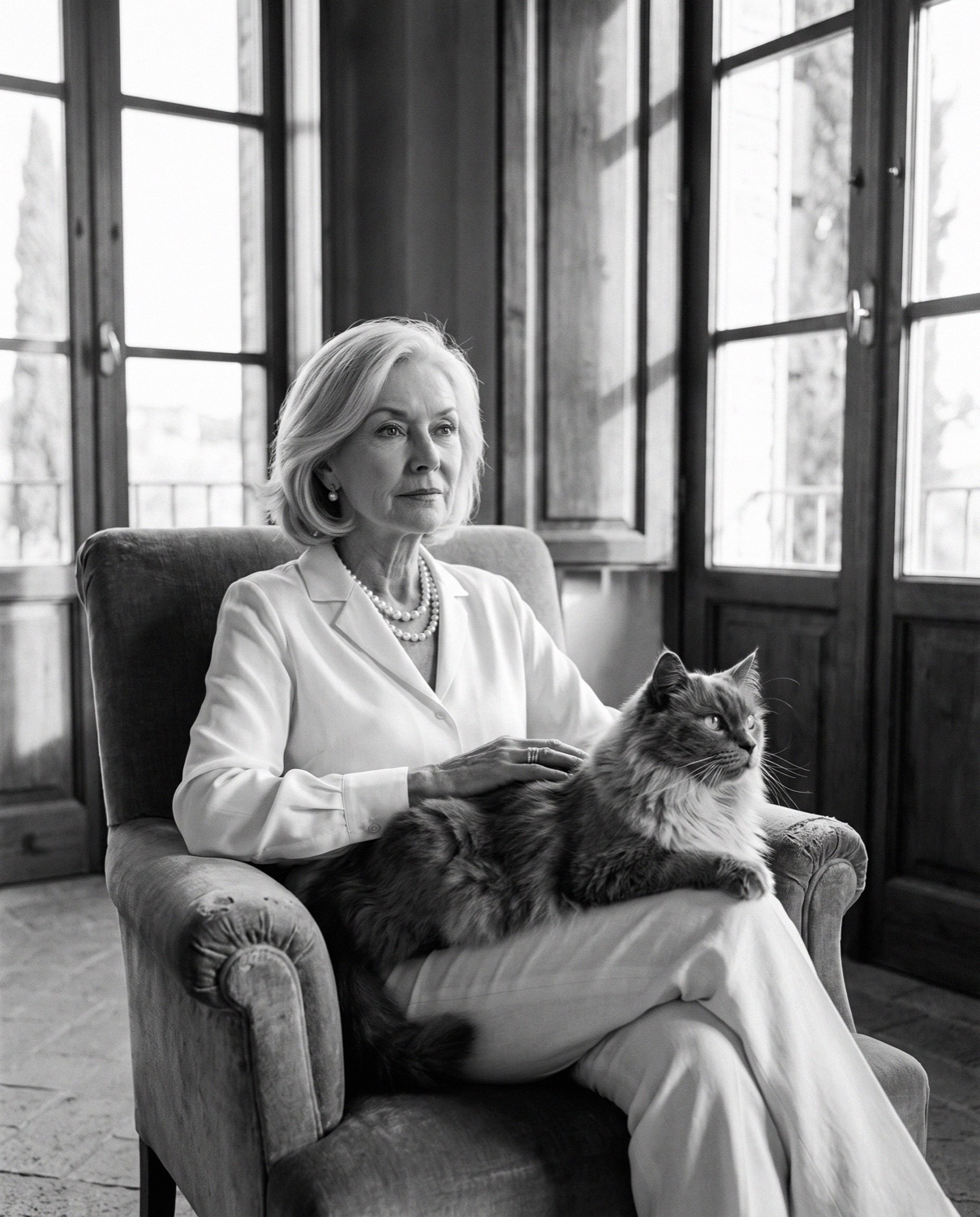 An elegant older woman with a long-haired grey cat on her lap in a Tuscan villa in black and white