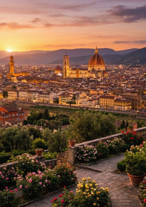 The Duomo and rooftops of Florence at sunset from a garden terrace