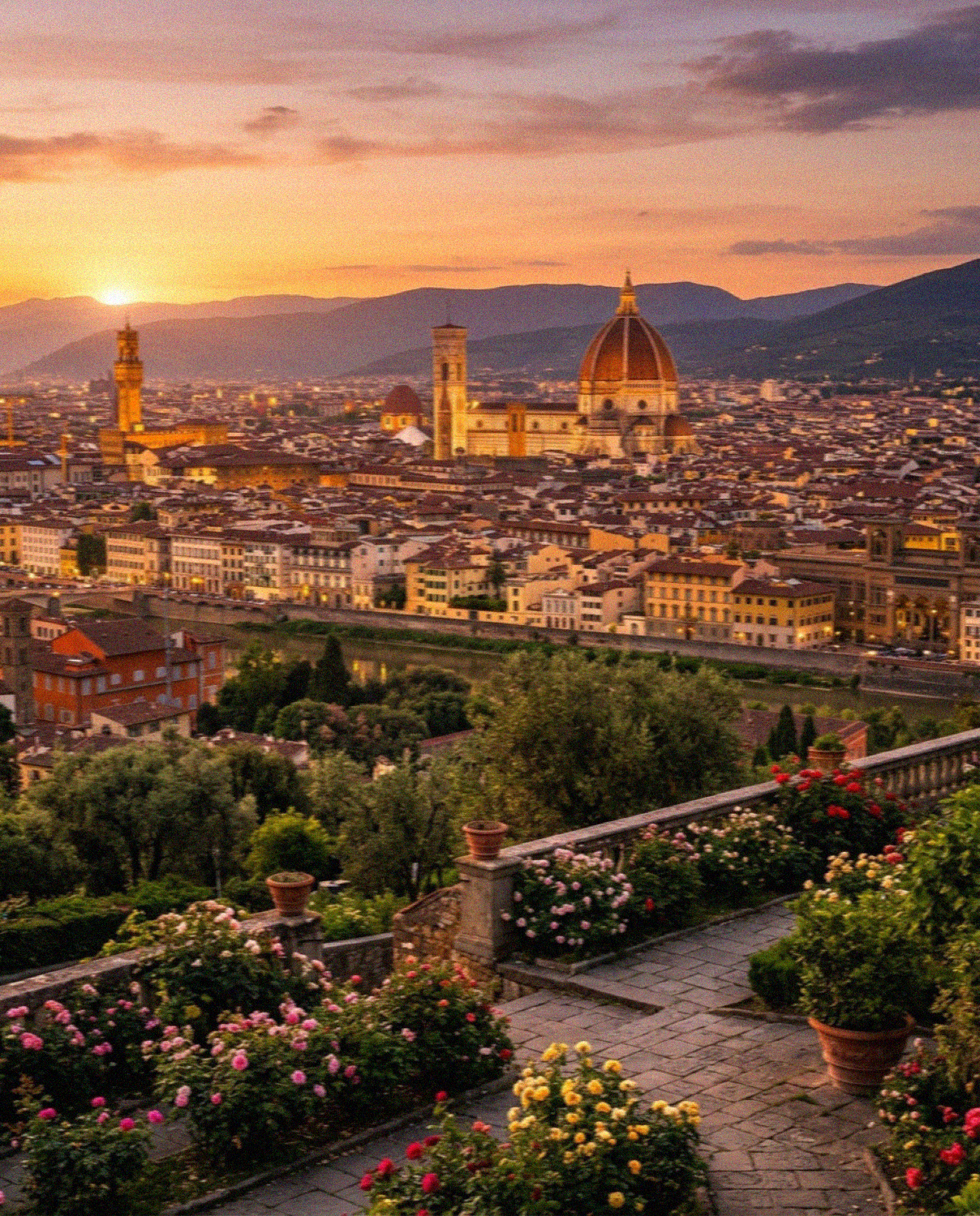 The Duomo and rooftops of Florence at sunset from a garden terrace
